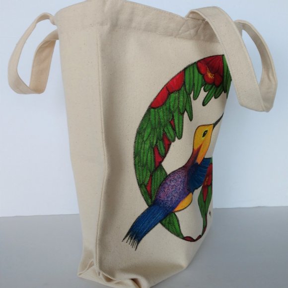 Handmade Painted Tote Bag Blue & Gold Hummingbird in Red Flowers 13.5x13.5x3.5 - Picture 7 of 16